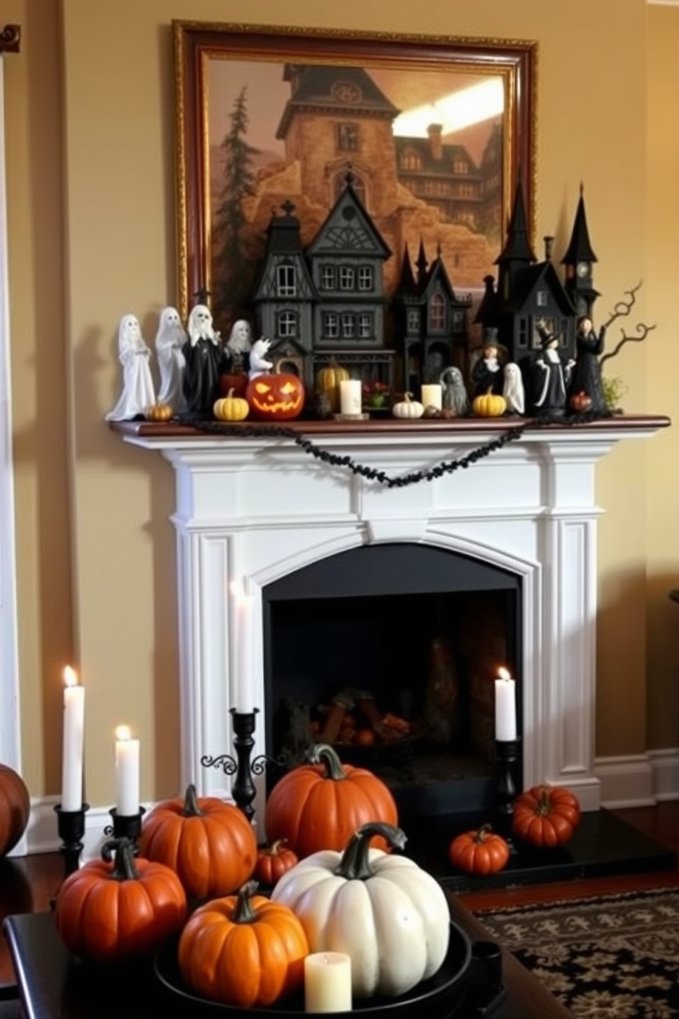 A cozy living room setting with a traditional fireplace as the focal point. The mantel is adorned with various haunted house figurines, including spooky ghosts and witches, creating a whimsical Halloween atmosphere. On the hearth, an assortment of decorative pumpkins in different sizes and colors adds a festive touch. Flickering candles in eerie holders cast shadows, enhancing the haunted ambiance of the space.