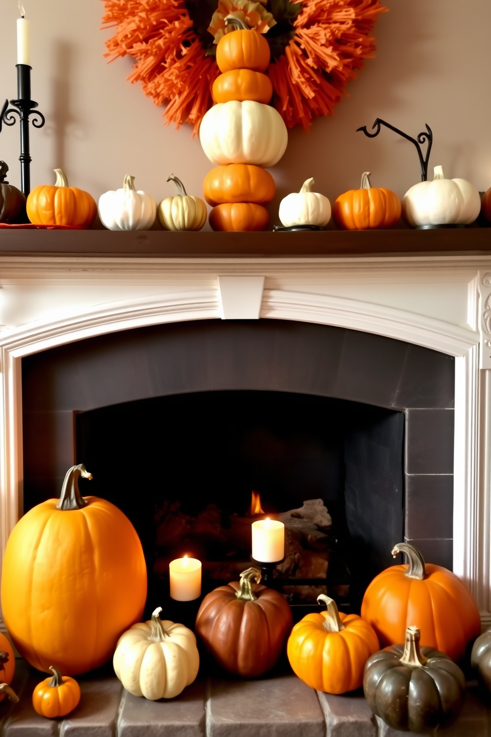 A charming fireplace adorned with a stack of pumpkins in various sizes and colors. The vibrant orange, deep green, and creamy white pumpkins create a festive atmosphere, while autumn leaves and small gourds are scattered around the base for added texture.