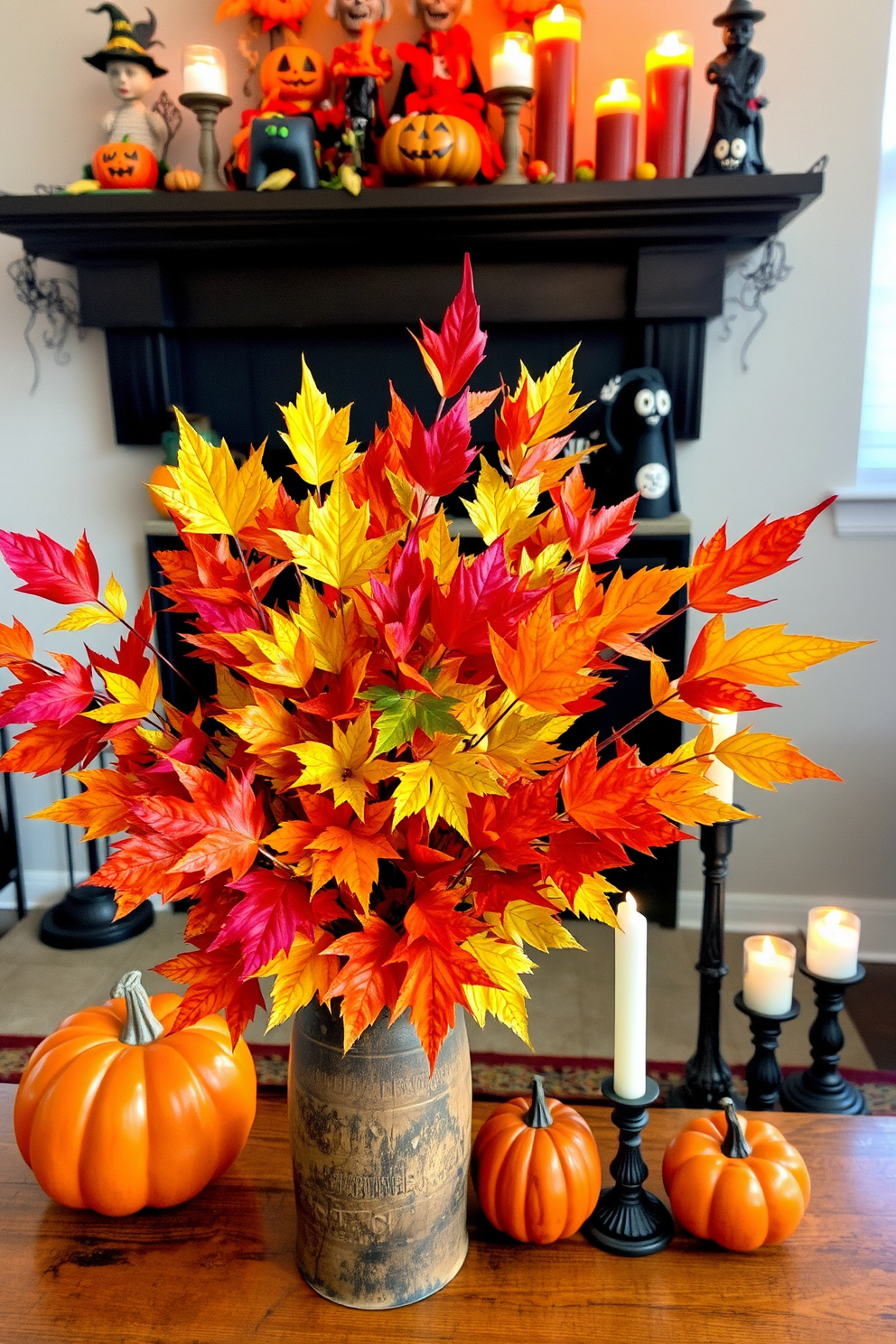 A vibrant arrangement of colorful fall leaves is displayed in a rustic vase, capturing the essence of autumn. The leaves showcase a mix of reds, oranges, and yellows, bringing warmth to the space. The fireplace is adorned with Halloween-themed decorations, featuring carved pumpkins and spooky figurines. Flickering candles in various heights add an inviting glow, enhancing the festive atmosphere.