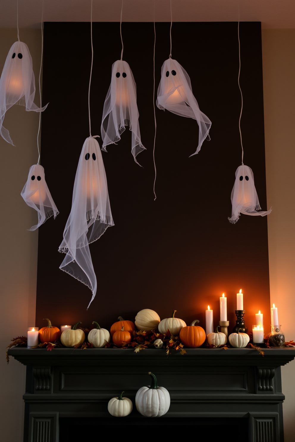 Create an enchanting Halloween scene featuring hanging ghost decorations from the ceiling. The ghosts are made of sheer white fabric, gently swaying in the breeze, casting playful shadows on the walls. In front of a cozy fireplace, arrange an array of pumpkins in various sizes, painted in shades of orange and white. Adorn the mantel with flickering candles and autumn leaves to enhance the festive atmosphere.