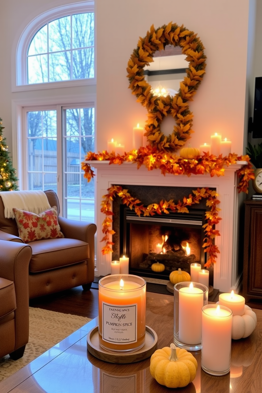 A cozy living room adorned with pumpkin spice scented candles placed on various surfaces, filling the air with a warm and inviting aroma. The fireplace is beautifully decorated with autumn-themed garlands, showcasing vibrant orange and yellow leaves, along with small pumpkins arranged artfully along the mantel.