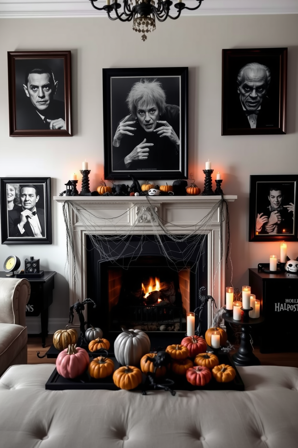 A cozy living room adorned with black and white photos of classic monsters framed elegantly on the walls. The fireplace is decorated with spooky Halloween-themed accents including miniature pumpkins, cobwebs, and flickering candles to create a haunting atmosphere.