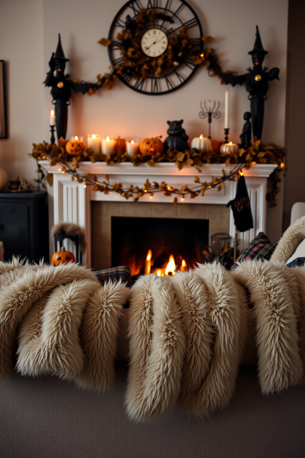 A cozy living room setting adorned with faux fur throws draped over a plush sofa. The warm glow of a fireplace creates an inviting atmosphere, complemented by seasonal Halloween decorations like carved pumpkins and flickering candles. The fireplace mantel is elegantly decorated with autumn-themed accents, including garlands of leaves and spooky figurines. Soft lighting enhances the cozy ambiance, making it the perfect space for relaxation during the Halloween season.