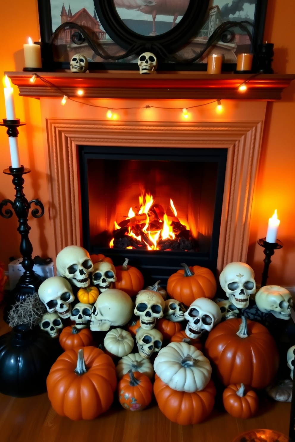 A cozy fireplace adorned with an array of decorative skulls nestled among vibrant pumpkins creates a festive Halloween atmosphere. The orange and black color palette is complemented by flickering candlelight, casting playful shadows on the surrounding walls.