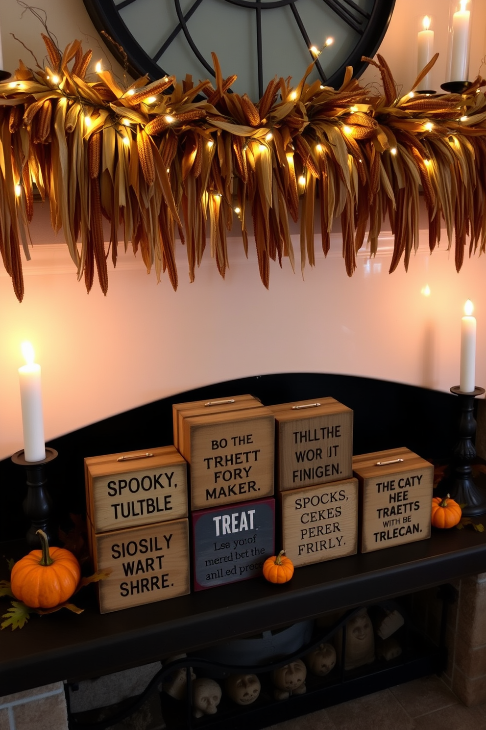 Spooky quotes are carved into rustic wooden blocks, creating an eerie yet charming display. The blocks are arranged on a mantel adorned with autumn leaves and small pumpkins. Above the fireplace, a garland of dried corn and twinkling fairy lights adds a festive touch. Flickering candles in various heights cast dancing shadows, enhancing the Halloween atmosphere.