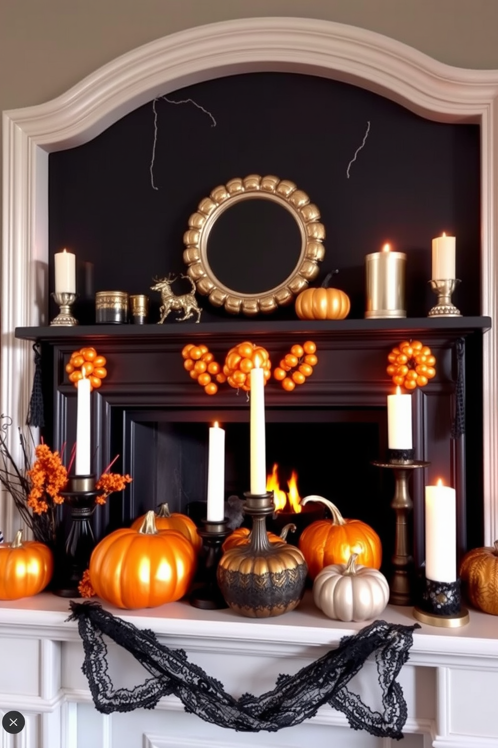 A striking fireplace adorned with metallic accents in shades of gold and silver creates a stunning focal point. Surrounding the fireplace, festive Halloween decorations in vibrant orange and deep black add a playful touch to the elegant design. The mantel is decorated with an assortment of pumpkins, some painted in metallic hues, while others are left in their natural state. Flickering candles in varying heights, wrapped in black lace, cast a warm glow, enhancing the cozy atmosphere of the space.