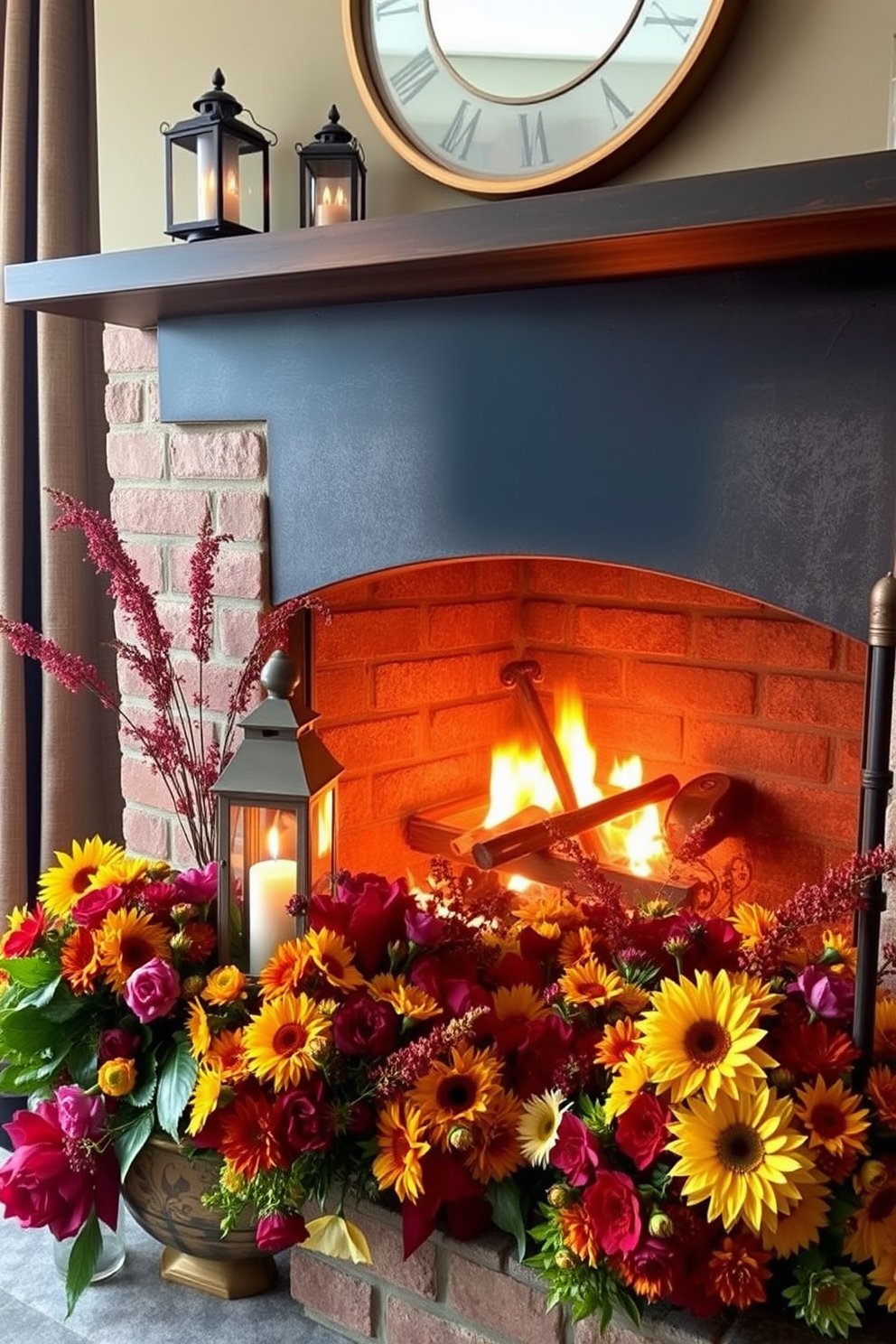 A cozy fireplace adorned with vintage lanterns casting a warm glow. Surrounding the hearth, vibrant autumn flowers in rich hues create an inviting seasonal display.