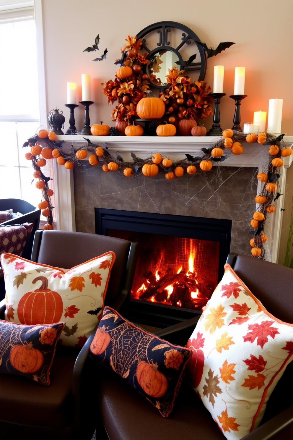 Seasonal throw pillows in warm autumn colors are arranged on nearby chairs, featuring patterns of pumpkins and leaves. The cozy seating area invites relaxation and festive cheer during the Halloween season. The fireplace is adorned with spooky decorations, including cobwebs and flickering candlelights. A garland of mini pumpkins and bats drapes elegantly across the mantel, enhancing the Halloween ambiance.