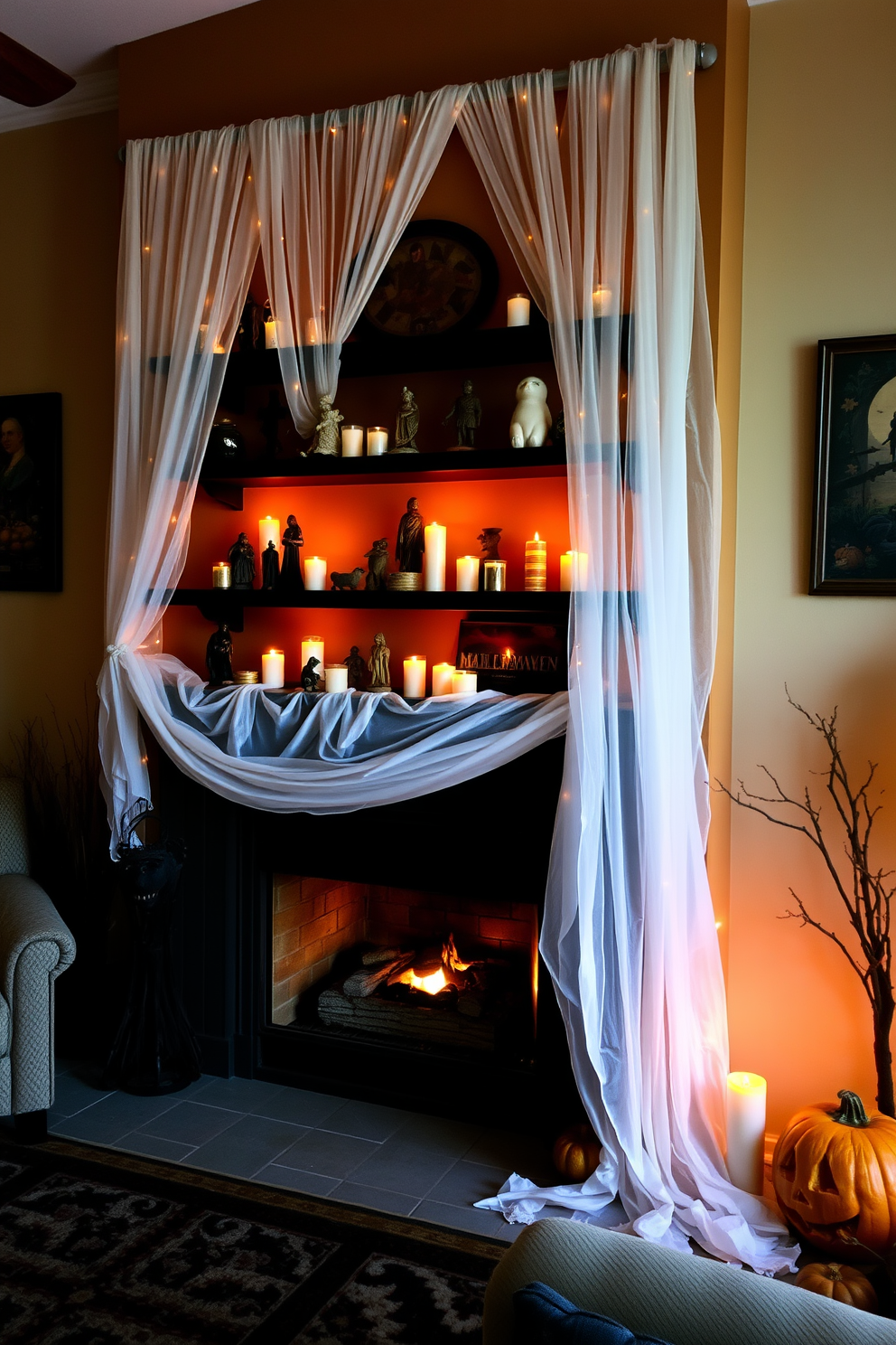 A cozy living room adorned for Halloween. The fireplace is decorated with ghostly white drapes cascading from shelves, creating an ethereal atmosphere. On the mantel, a collection of spooky figurines and candles flicker softly. The surrounding walls are adorned with autumn-themed artwork, enhancing the festive spirit.