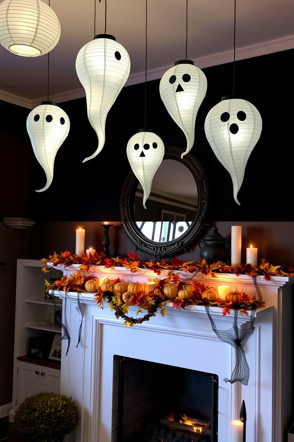 Hanging paper lanterns in ghost shapes create a whimsical and festive atmosphere for Halloween. The soft glow of the lanterns adds an enchanting touch to the room, perfect for welcoming guests. For the fireplace, consider decorating with a mix of autumn leaves and mini pumpkins. Adding flickering candles and spooky accents like cobwebs will enhance the Halloween spirit.