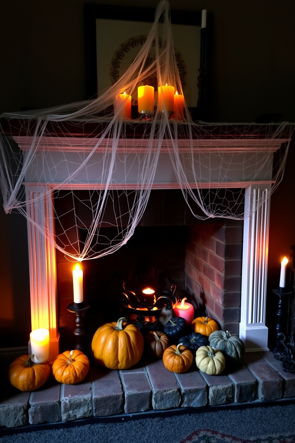 Create a spooky Halloween fireplace scene adorned with creepy spider webs stretching across the mantel. The fireplace is decorated with flickering candles and a collection of eerie pumpkins, casting haunting shadows in the dim light.