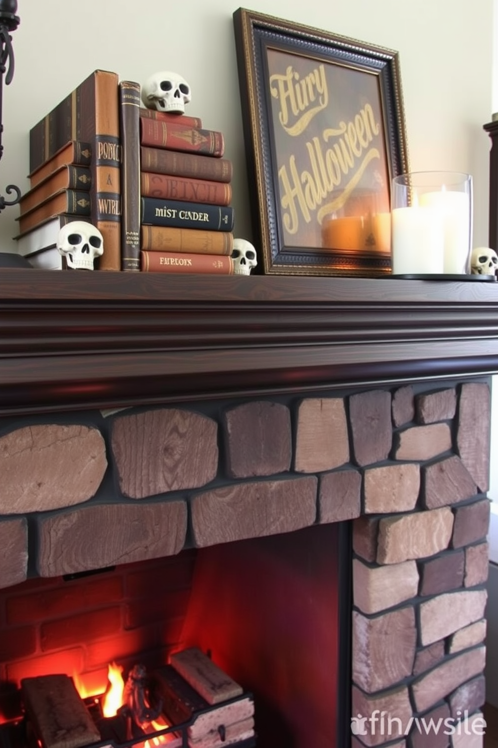 A cozy fireplace adorned with vintage books stacked neatly beside mini skulls adds a whimsical touch to the Halloween decor. The warm glow of the fire illuminates the rich textures of the wooden mantel, creating an inviting atmosphere for the season.