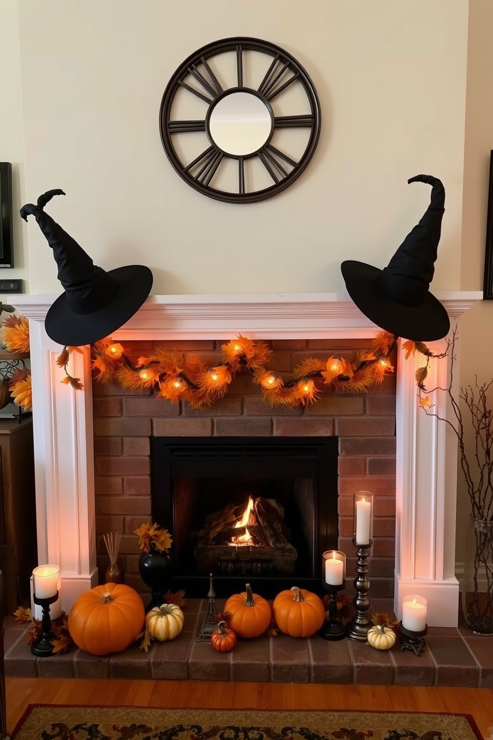 A cozy living room setting featuring a fireplace with elegant witch hats adorning the edges. The fireplace is surrounded by autumn-themed decorations, including pumpkins and flickering candles for a warm Halloween ambiance.