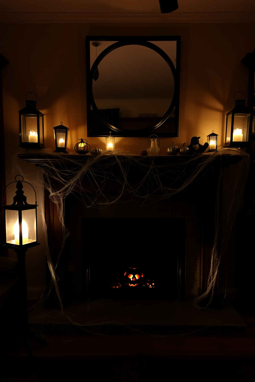 Eerie lanterns with flickering lights cast haunting shadows across the room creating a spooky atmosphere. The fireplace is adorned with cobwebs and artificial spiders, featuring a mantle decorated with small pumpkins and ghostly figures.