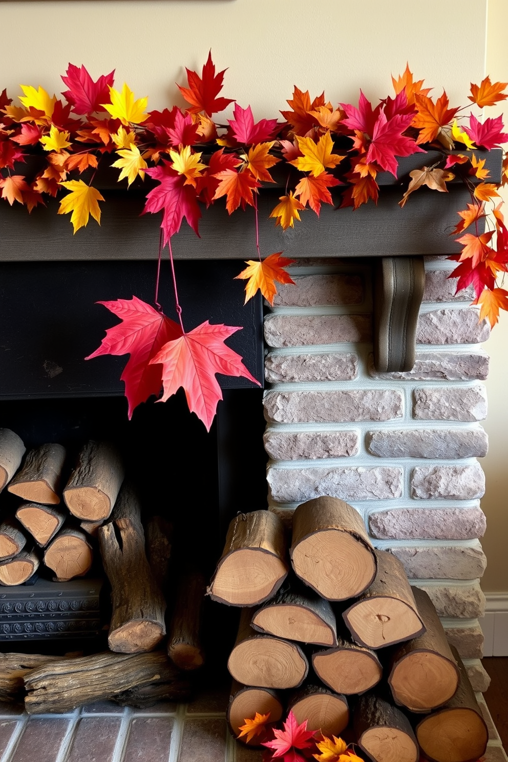 A cozy fireplace adorned with rustic logs and vibrant autumn leaves creates a warm and inviting atmosphere. The logs are stacked neatly beside the fireplace, while colorful leaves are artfully arranged on the mantel, enhancing the seasonal charm.