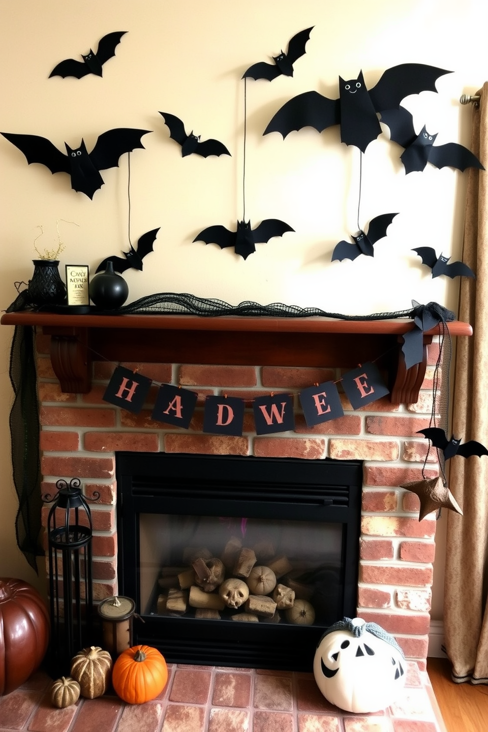 A cozy fireplace setting adorned for Halloween. The mantel shelf is decorated with hanging bats made of black paper, creating a spooky atmosphere.