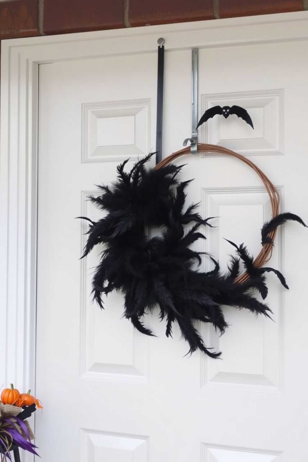 A spooky wreath adorned with black feathers hangs prominently on the front door, creating an eerie yet stylish entrance. The wreath is complemented by subtle touches of orange and purple, enhancing the Halloween theme while maintaining a sophisticated look.