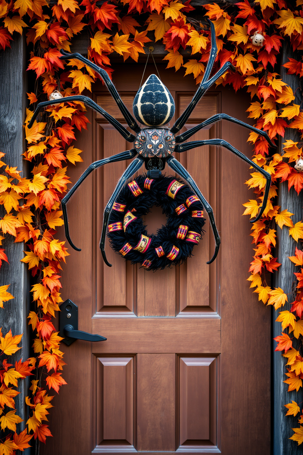 A giant spider is climbing up a rustic wooden front door adorned with autumn-themed decorations. The door is framed by vibrant orange and yellow leaves, and a spooky wreath hangs at eye level.