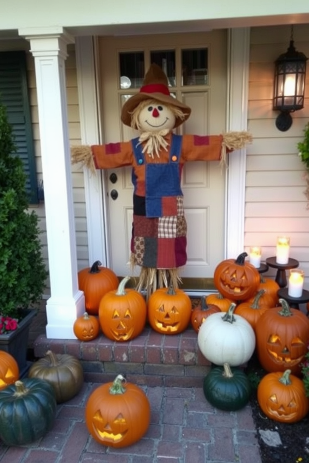 A whimsical scarecrow stands at the entrance, dressed in a patchwork outfit with a straw hat, inviting trick-or-treaters to the festive atmosphere. Surrounding the scarecrow, vibrant pumpkins of various sizes are arranged on the porch, adorned with playful jack-o'-lantern faces and flickering candles.