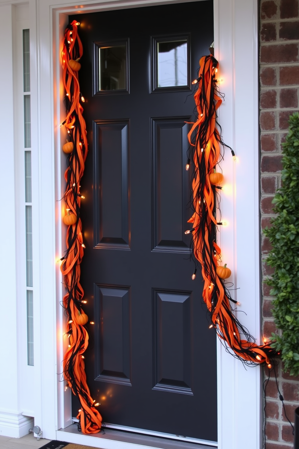 A charming Halloween front door setting. A broomstick is propped against the door, surrounded by autumn leaves and small pumpkins.