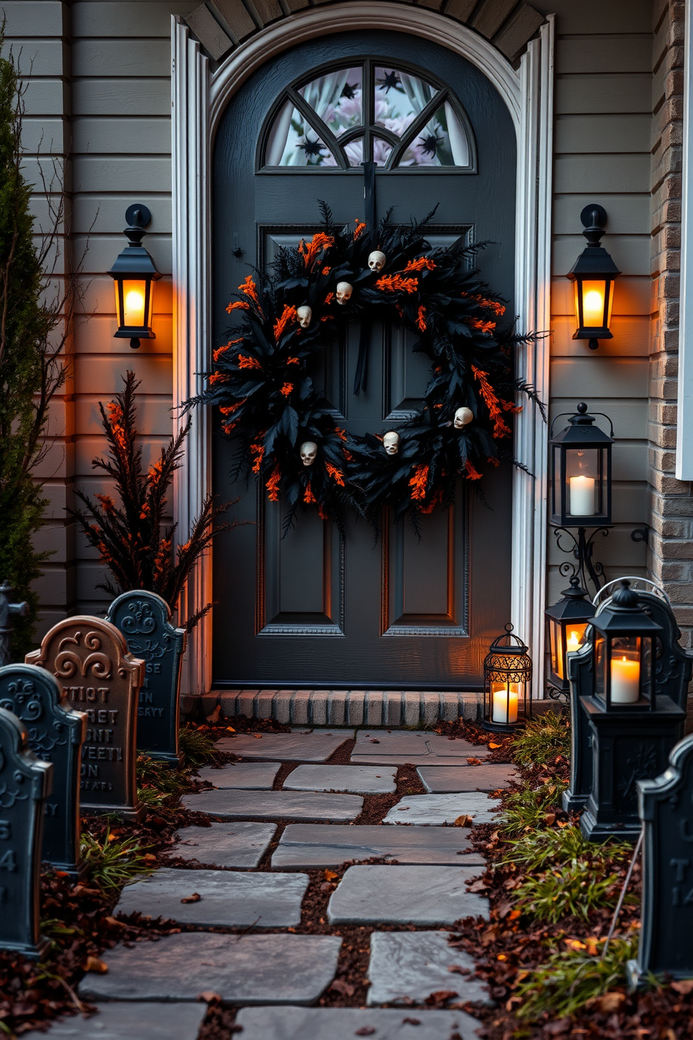 A charming scarecrow stands at the entrance, welcoming guests with a friendly smile. Dressed in a plaid shirt and denim overalls, it holds a small pumpkin in one hand, surrounded by colorful autumn leaves. The front door is adorned with a festive wreath made of dried corn and vibrant fall flowers. Twinkling fairy lights frame the doorway, creating a warm and inviting atmosphere for Halloween.