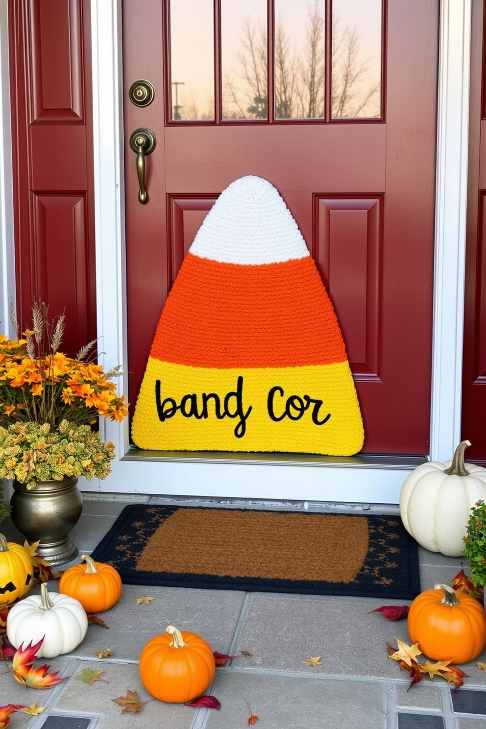 A whimsical front door display featuring a candy corn themed doormat. Surrounding the doormat are festive decorations including small pumpkins and colorful autumn leaves.