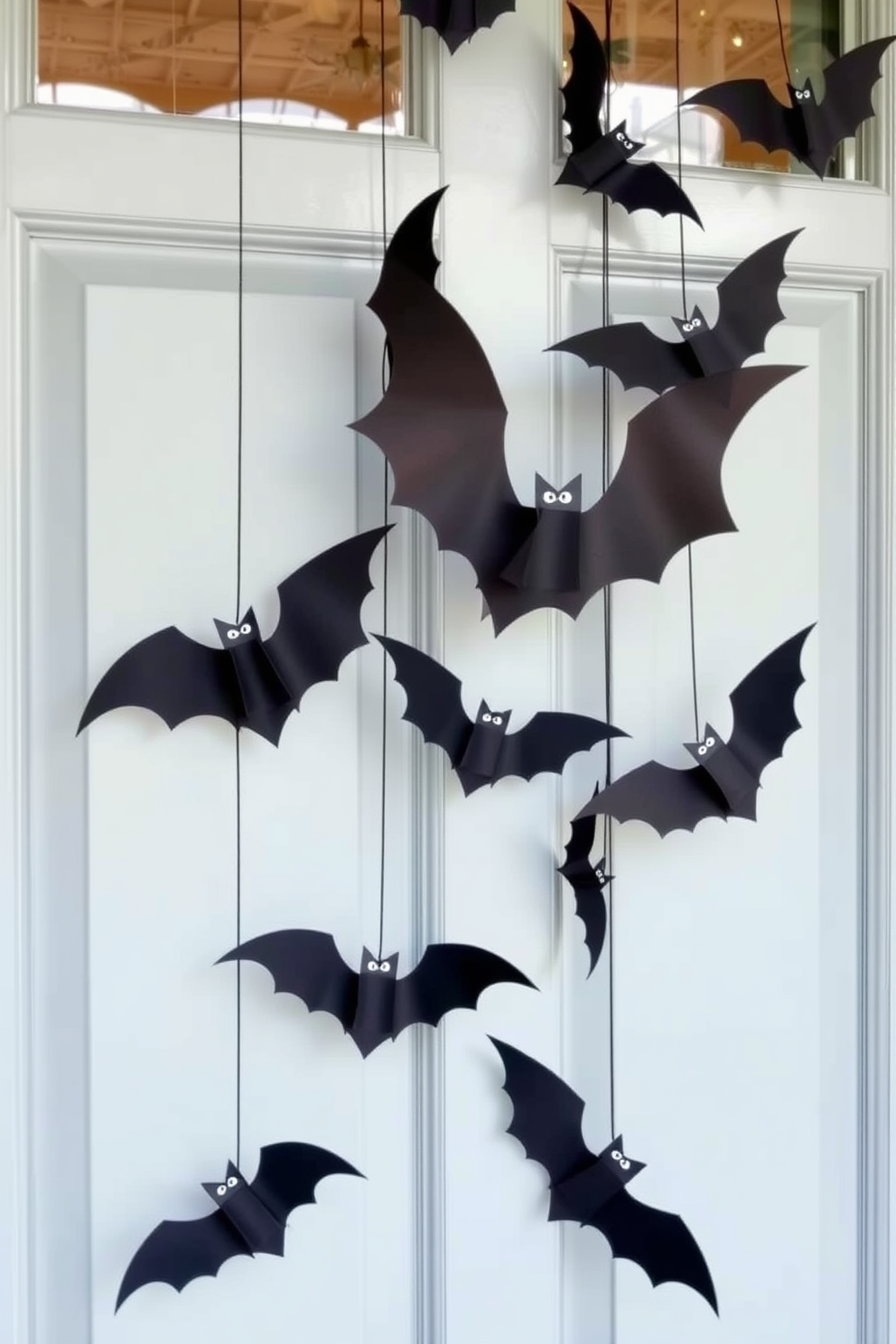 Hanging bats made from black paper are a creative and spooky addition to your Halloween front door. Arrange them in varying sizes and positions to create a dramatic effect that welcomes guests with a festive flair.