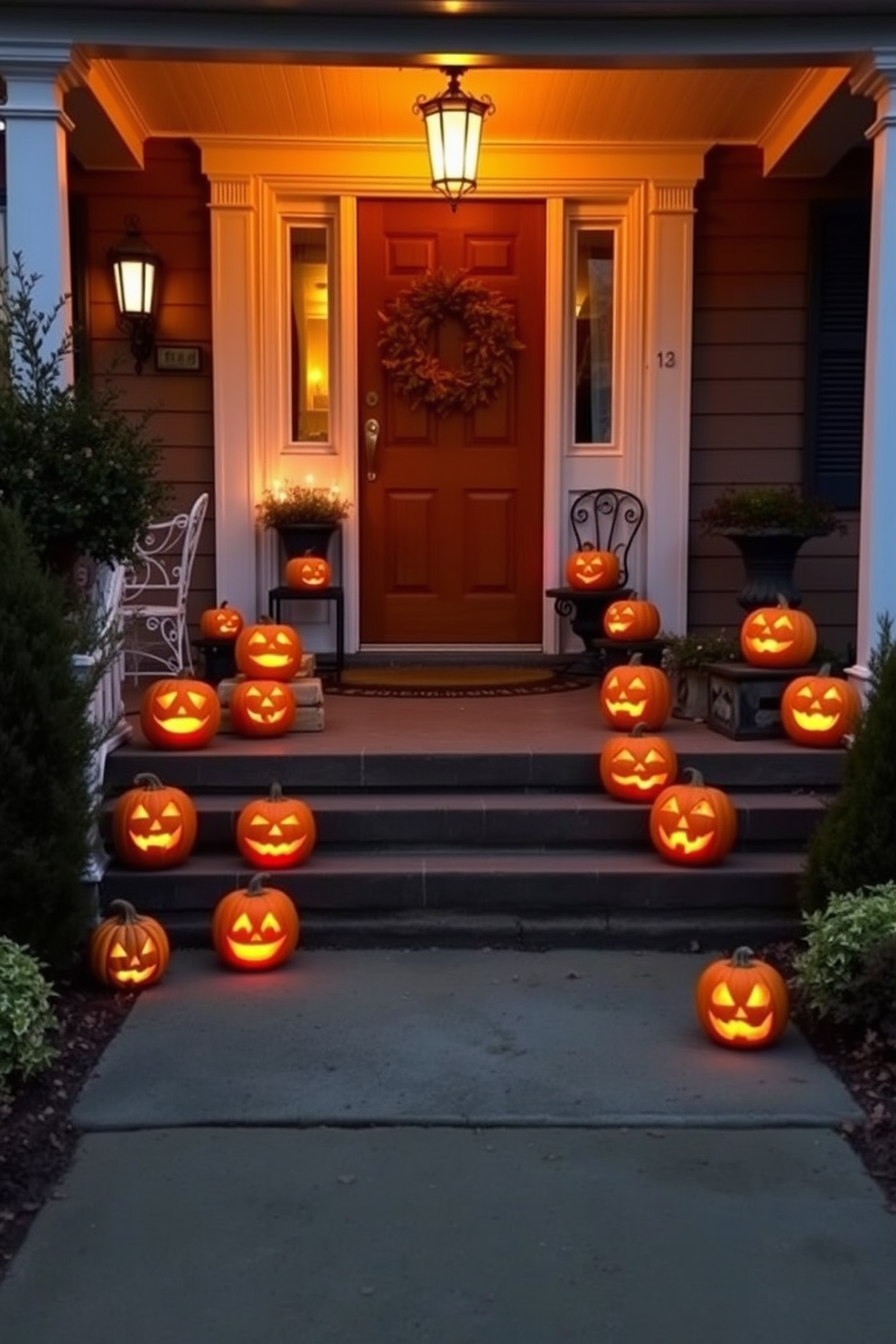 A charming front porch adorned with glowing jack-o-lanterns arranged on the steps leading to the front door. The pumpkins are carved with various spooky faces, casting a warm orange glow as dusk falls, creating an inviting Halloween atmosphere.