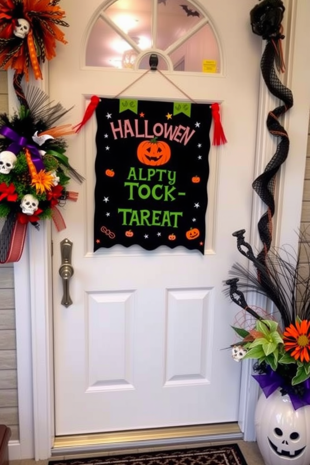 A Halloween themed door banner hangs cheerfully on a front door adorned with seasonal decorations. The banner features vibrant colors and spooky motifs, creating an inviting atmosphere for trick-or-treaters.