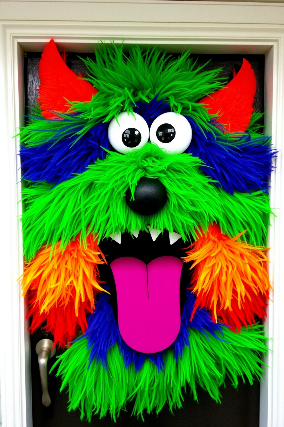 A whimsical furry monster face adorns the front door, featuring vibrant colors and playful eyes that invite guests to enter. The design incorporates various textures to create a fun and festive Halloween atmosphere, perfect for welcoming trick-or-treaters.