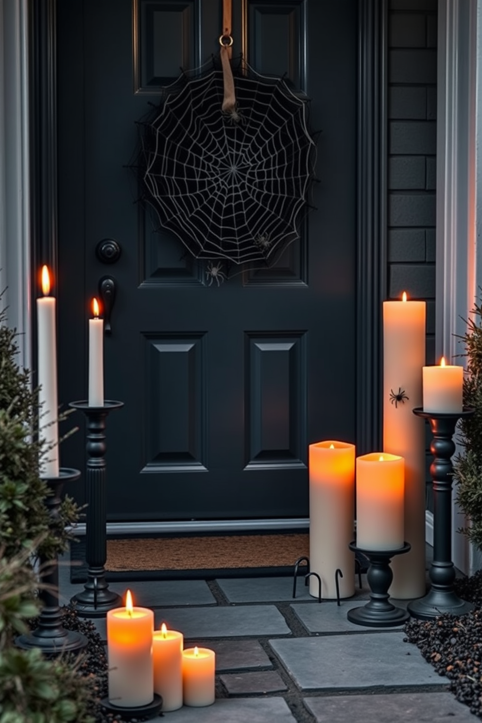 Creepy candles are arranged in varied heights along the entrance pathway creating an eerie atmosphere. The front door is adorned with a black wreath featuring faux spider webs and small plastic spiders for a spooky touch.