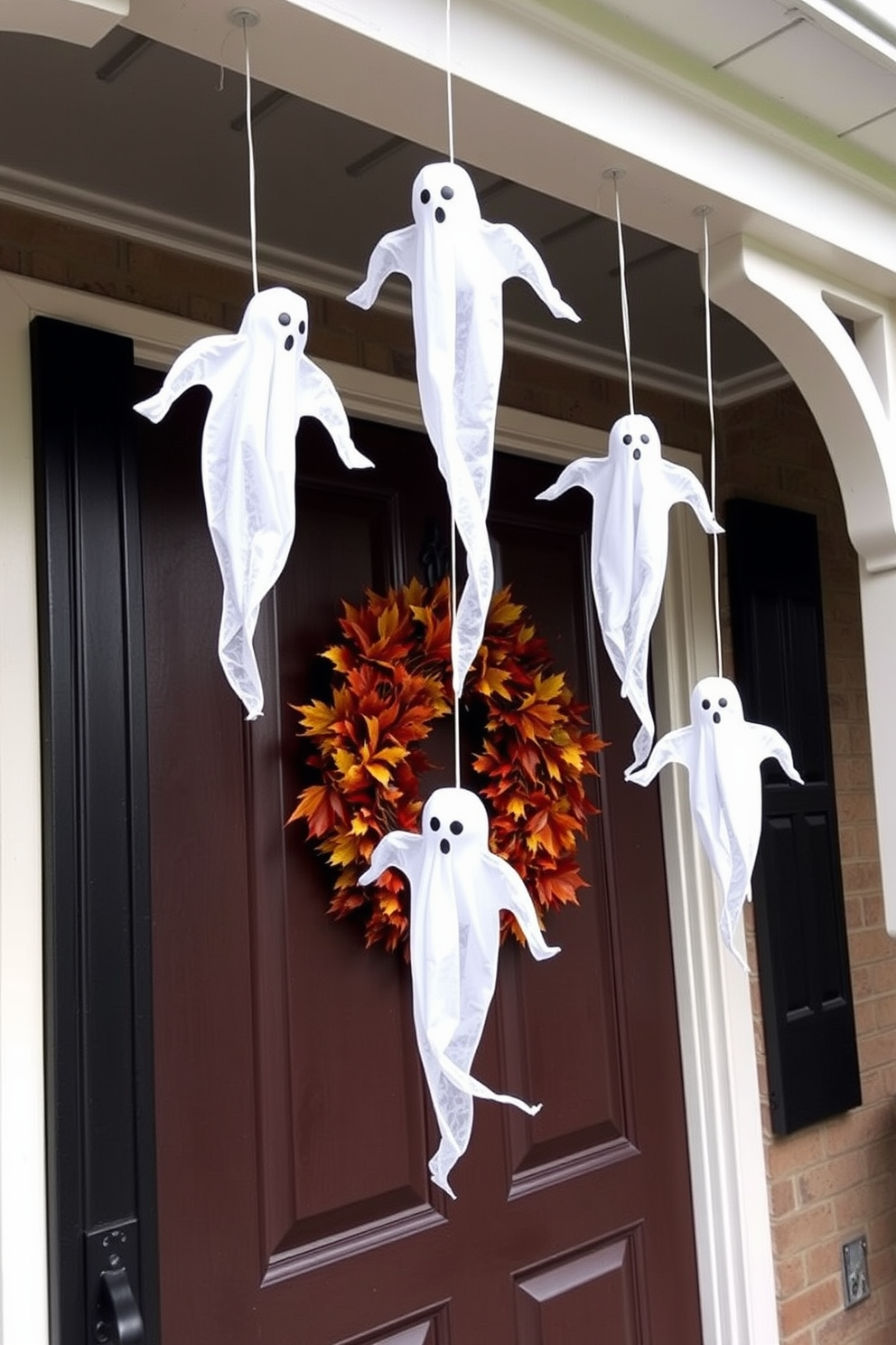 A charming front door adorned for Halloween features a cascade of vibrant pumpkins in various sizes arranged on the steps. The entrance is enhanced with seasonal decorations, including a wreath made of autumn leaves and a cozy doormat inviting guests to celebrate the festive spirit.