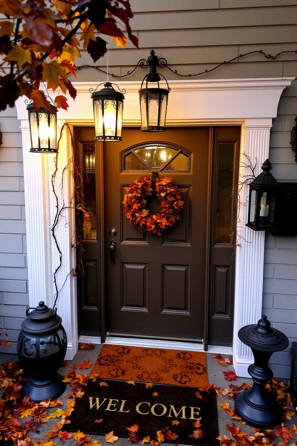 A charming front door adorned for Halloween features hanging lanterns that emit an eerie glow. The door is framed with autumn leaves and a welcome mat that adds a festive touch.