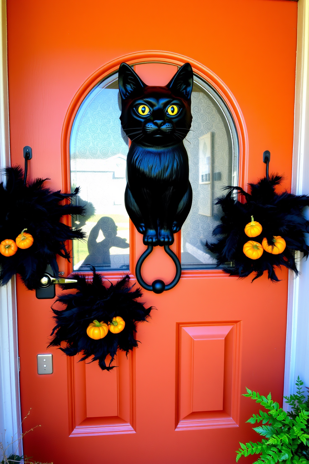 Cute candy corn decorations adorn the steps leading up to a welcoming front door. The vibrant orange, yellow, and white colors of the candy corn create a festive atmosphere, complemented by small pumpkins and autumn leaves scattered around.