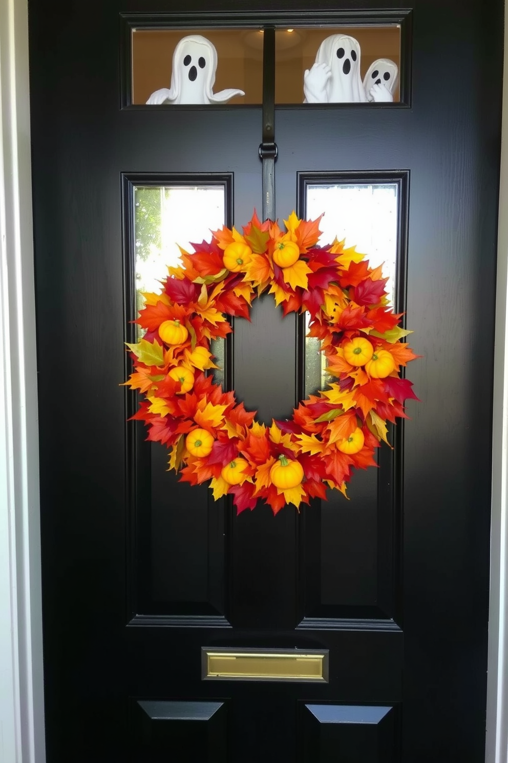 A charming front door decorated for Halloween features a vibrant wreath made of faux autumn leaves and small pumpkins. Ghostly figures are playfully peeking from the windows, adding a whimsical touch to the festive atmosphere.