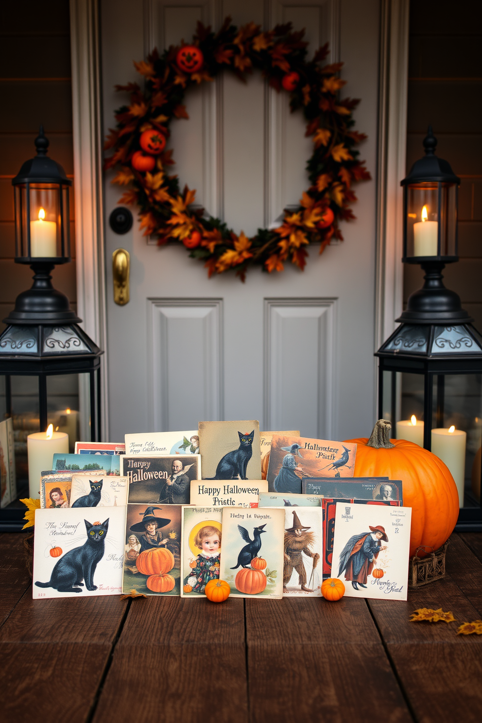 A collection of vintage Halloween postcards is artfully arranged on a rustic wooden table. The postcards feature classic Halloween imagery, such as black cats, pumpkins, and witches, creating a nostalgic atmosphere. The front door is adorned with an elegant wreath made of autumn leaves and small pumpkins. Flanking the door, two lanterns with flickering candles add a warm glow to the festive entrance.