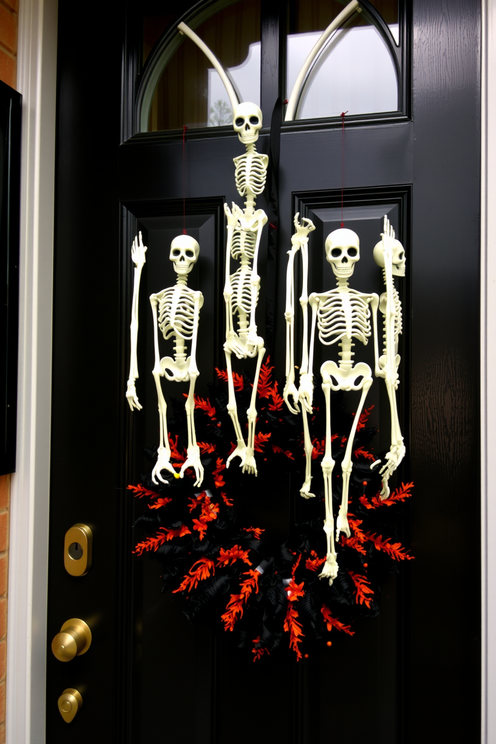 Decorative skulls are artistically arranged on the steps leading to the front door, creating a spooky yet stylish entrance. Each skull features intricate detailing and is complemented by seasonal foliage, enhancing the Halloween theme.