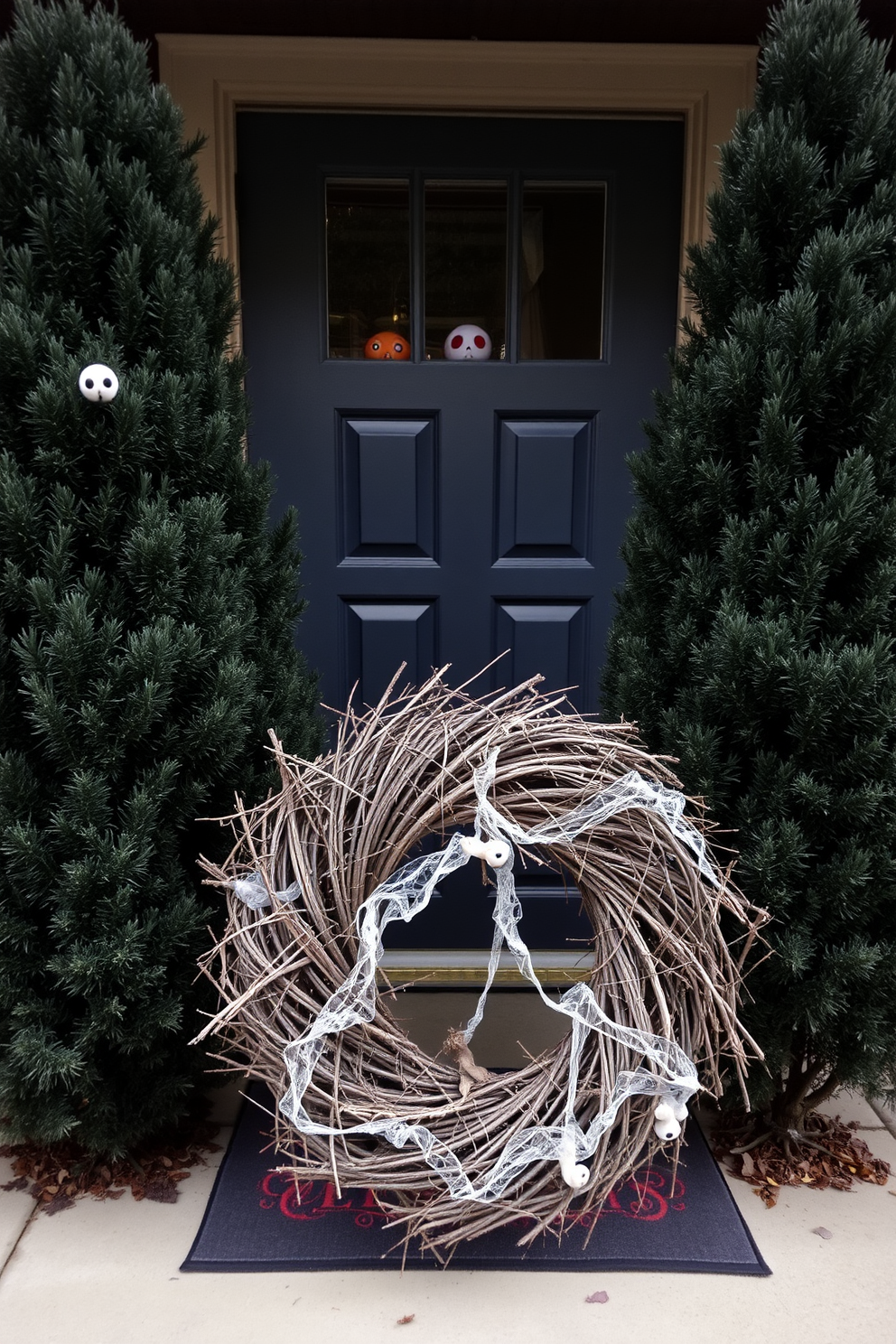 Creepy eyes peering from dark green bushes create an eerie atmosphere for Halloween. The front door is adorned with a spooky wreath made of twigs and artificial cobwebs, enhancing the haunted vibe.