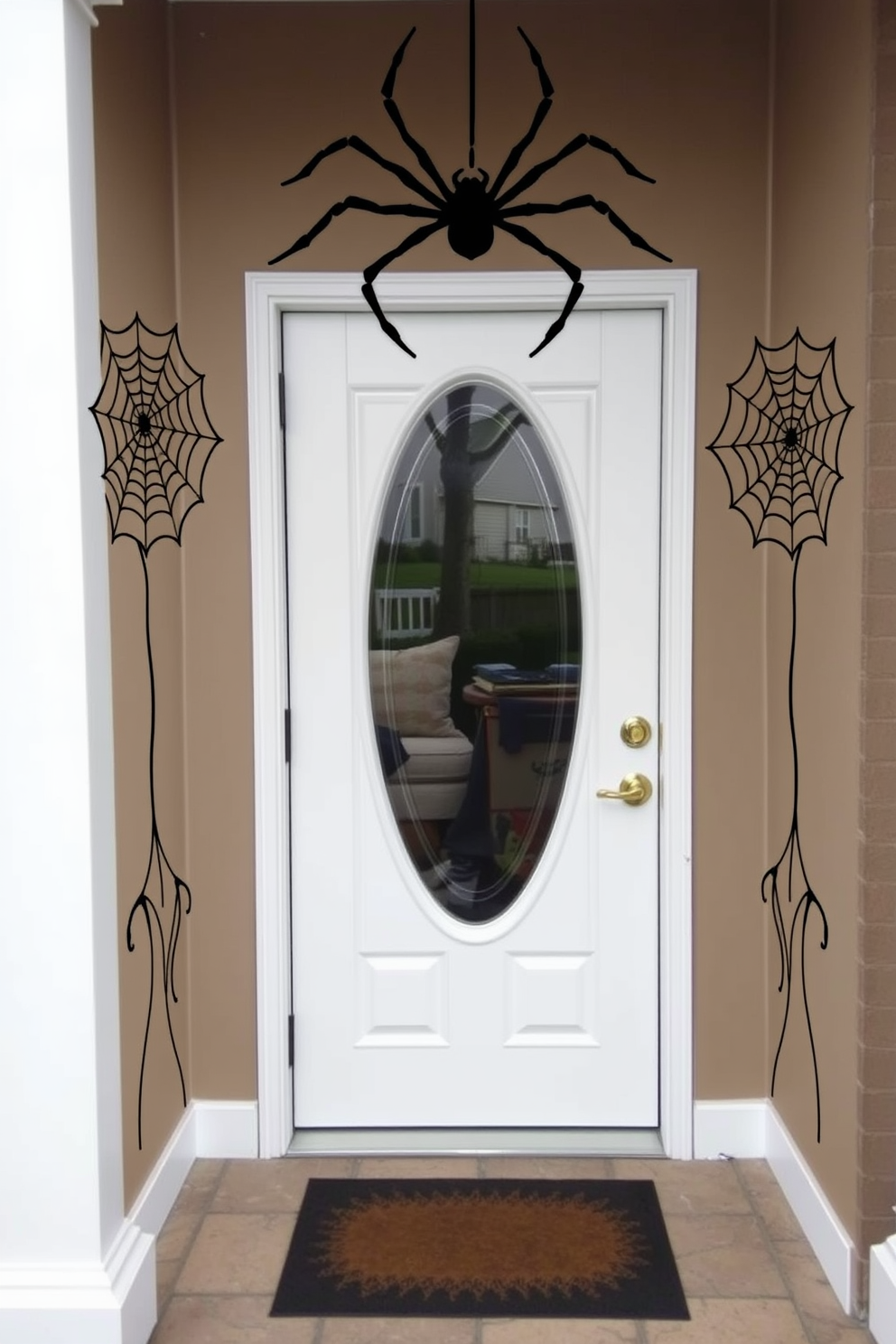 Create an inviting Halloween-themed front door using spider and web door decals. The entrance should feature a large spider decal prominently displayed above the door, with intricate web patterns cascading down the sides.