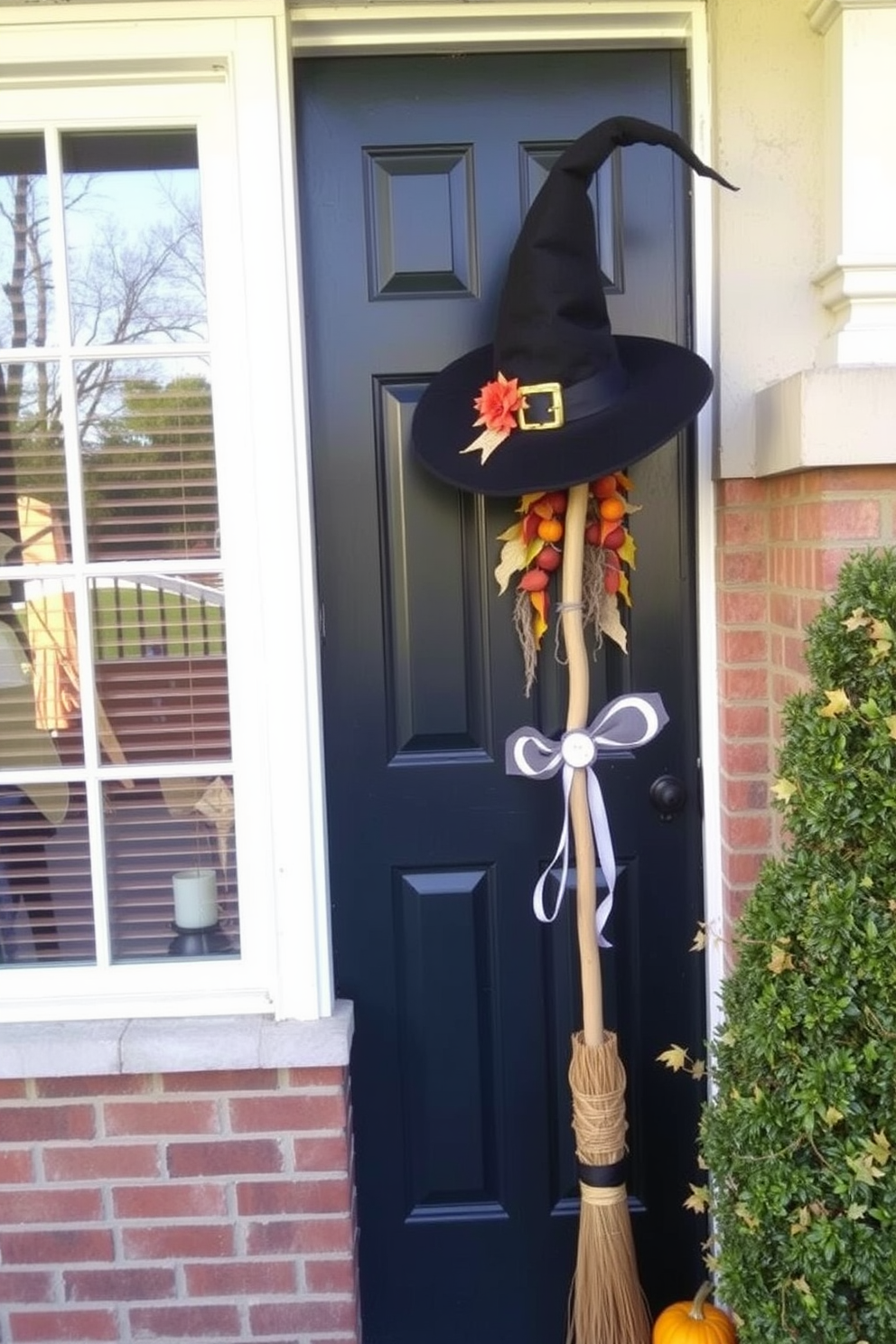 A festive front door adorned with hanging paper lanterns featuring playful Halloween faces. The lanterns sway gently in the breeze, creating a whimsical and inviting atmosphere for trick-or-treaters.