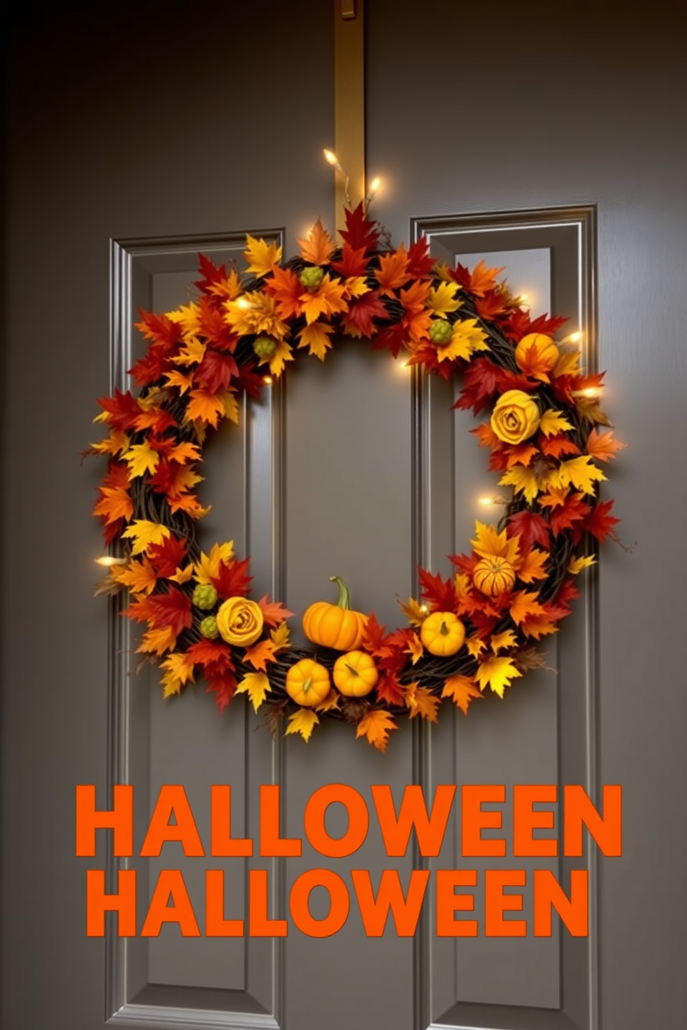 A front door adorned with spooky Halloween scenes creates an inviting yet eerie atmosphere. The door features hand-painted ghosts, cobwebs, and jack-o'-lanterns that capture the spirit of the season.