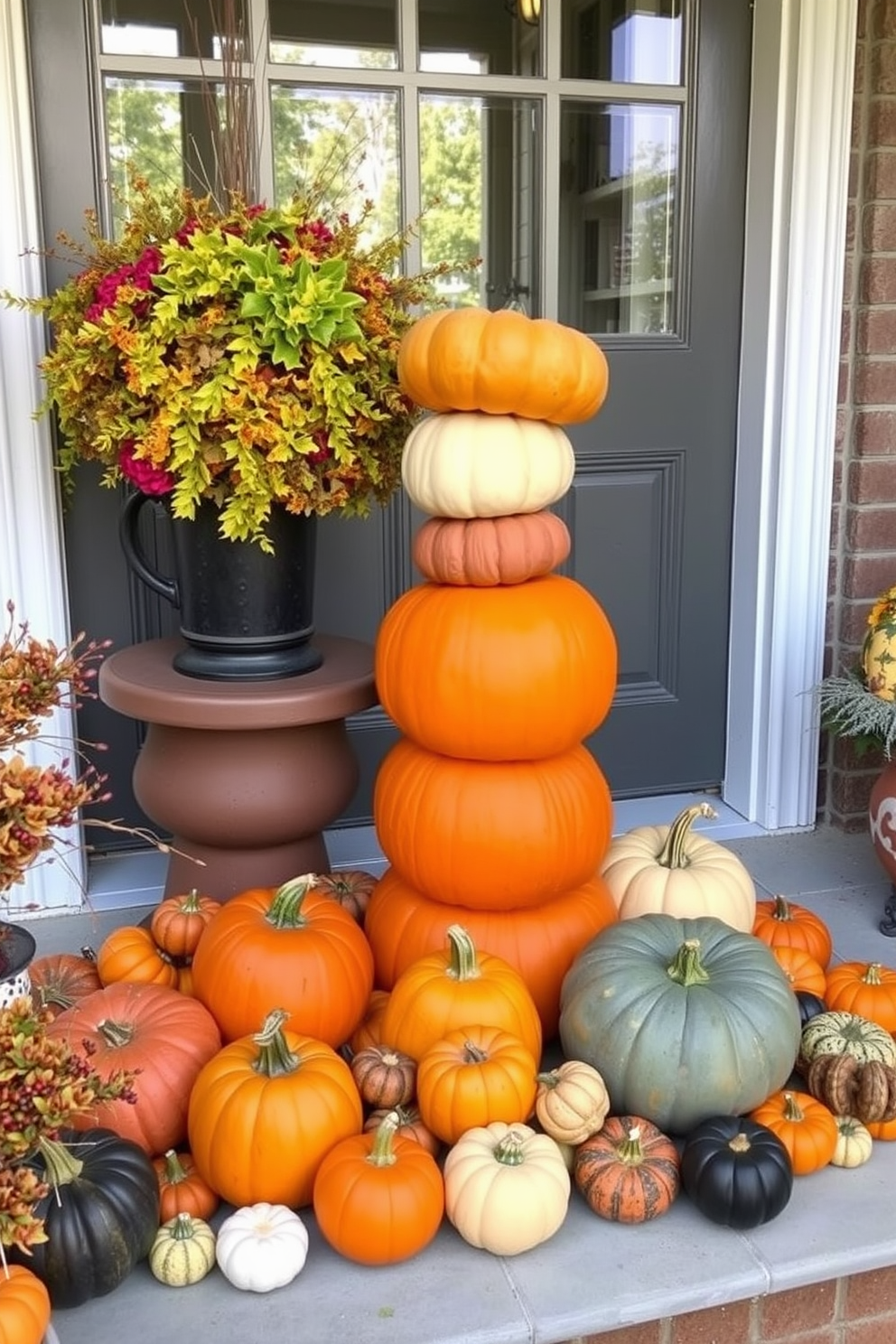 A charming front porch decorated for Halloween features a whimsical stack of pumpkins in varying sizes and vibrant colors. Surrounding the pumpkins, an array of colorful gourds adds texture and visual interest, creating a festive and inviting atmosphere.