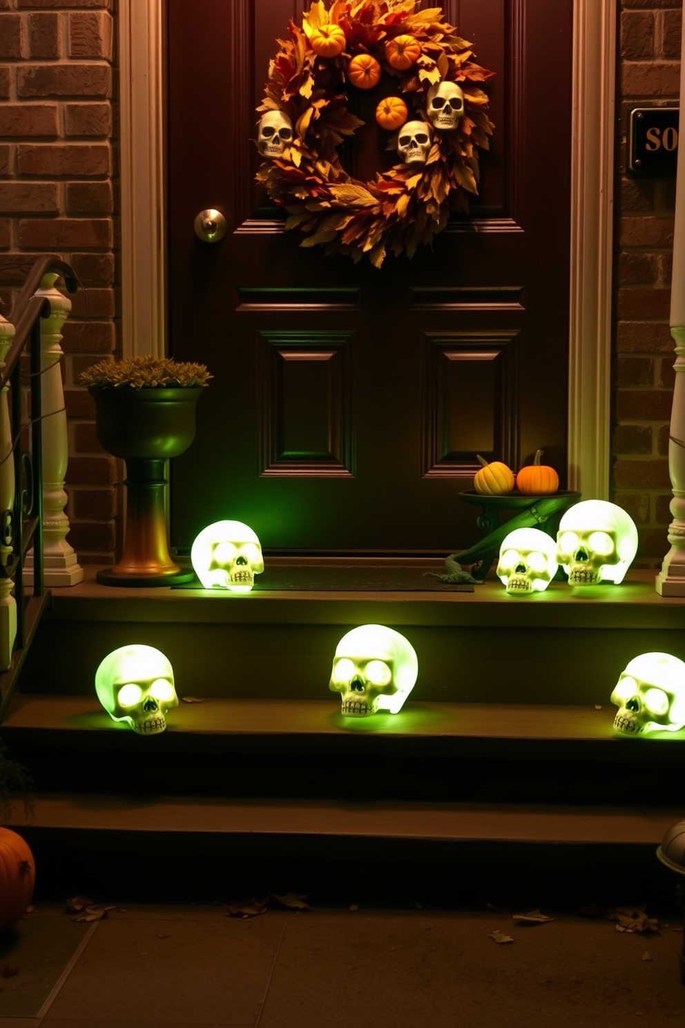 A spooky Halloween scene featuring glowing skulls arranged on the porch steps. The front door is adorned with a festive wreath made of autumn leaves and small pumpkins.