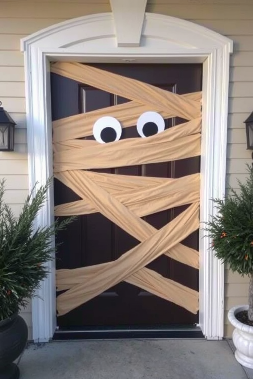 A front door wrapped in mummy-like fabric creates a spooky yet playful Halloween entrance. The door features large, expressive eyes that add a whimsical touch, inviting guests to enjoy the festive spirit.