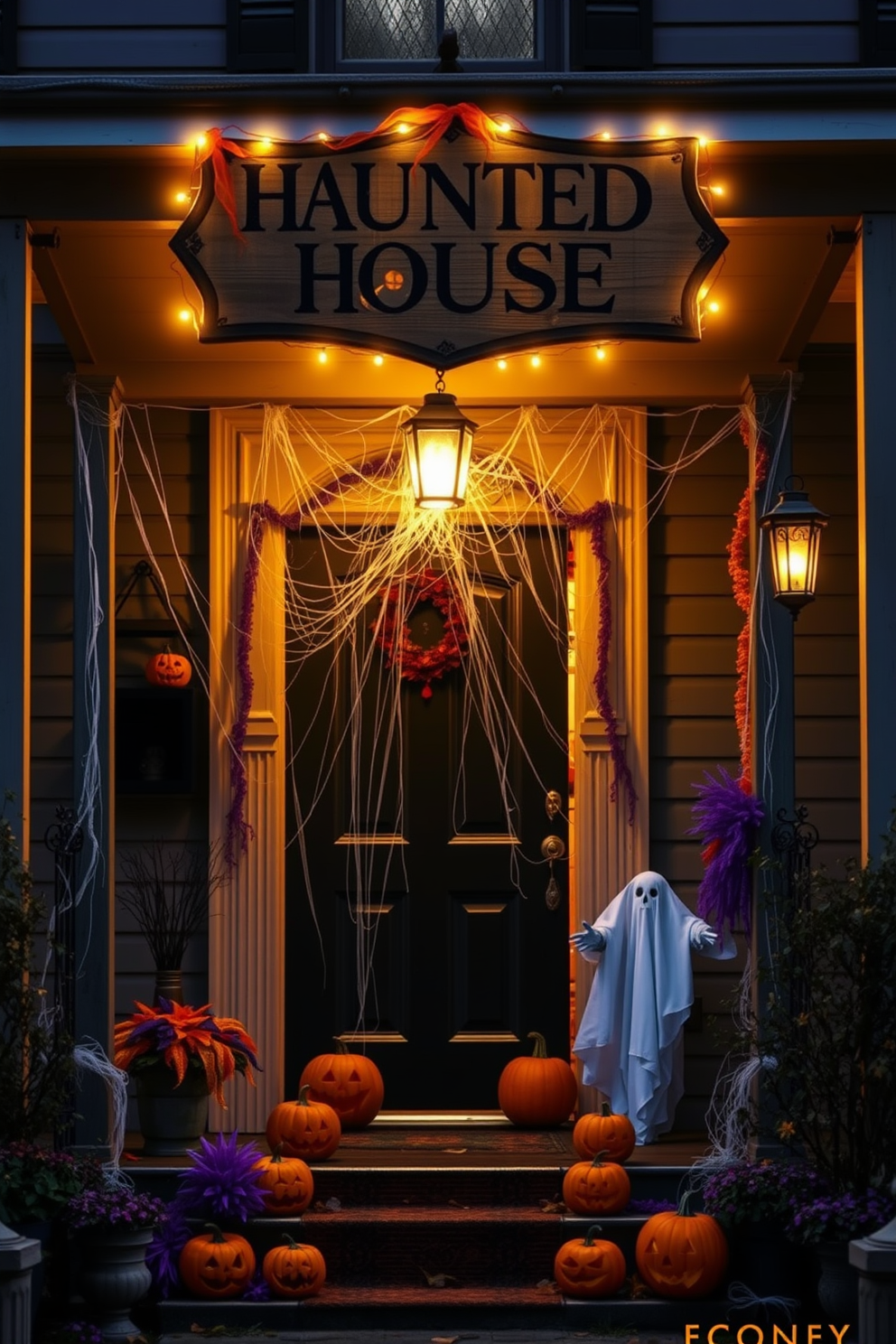 A spooky haunted house sign hangs above the door, casting eerie shadows as the sun sets. The front porch is adorned with cobwebs and flickering candles, creating a chilling atmosphere for Halloween.