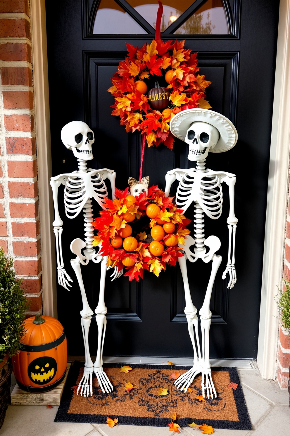 A whimsical Halloween entrance featuring a skeleton couple standing side by side. The front door is adorned with a vibrant wreath made of autumn leaves and miniature pumpkins.