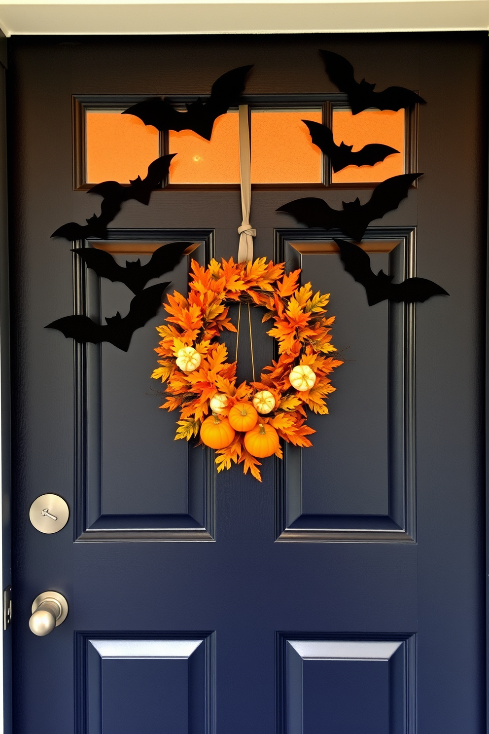 A spooky Halloween front door adorned with bat silhouettes flying across the entrance. The door is painted in a deep black color, with a wreath made of autumn leaves and mini pumpkins hanging on it.