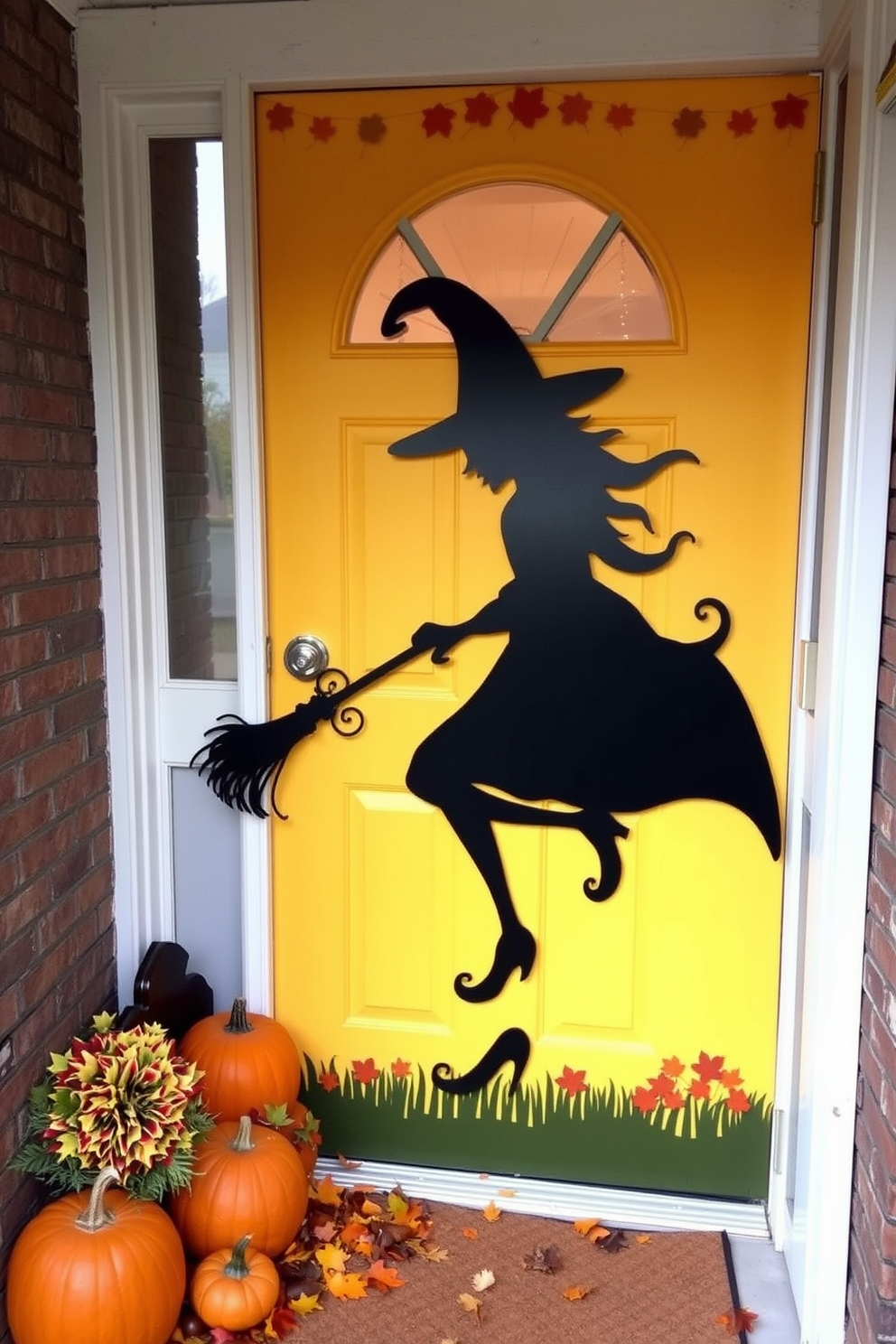 A whimsical Halloween front door adorned with a witch silhouette holding a broomstick. The entrance features a backdrop of autumn leaves and pumpkins, creating a festive and inviting atmosphere.