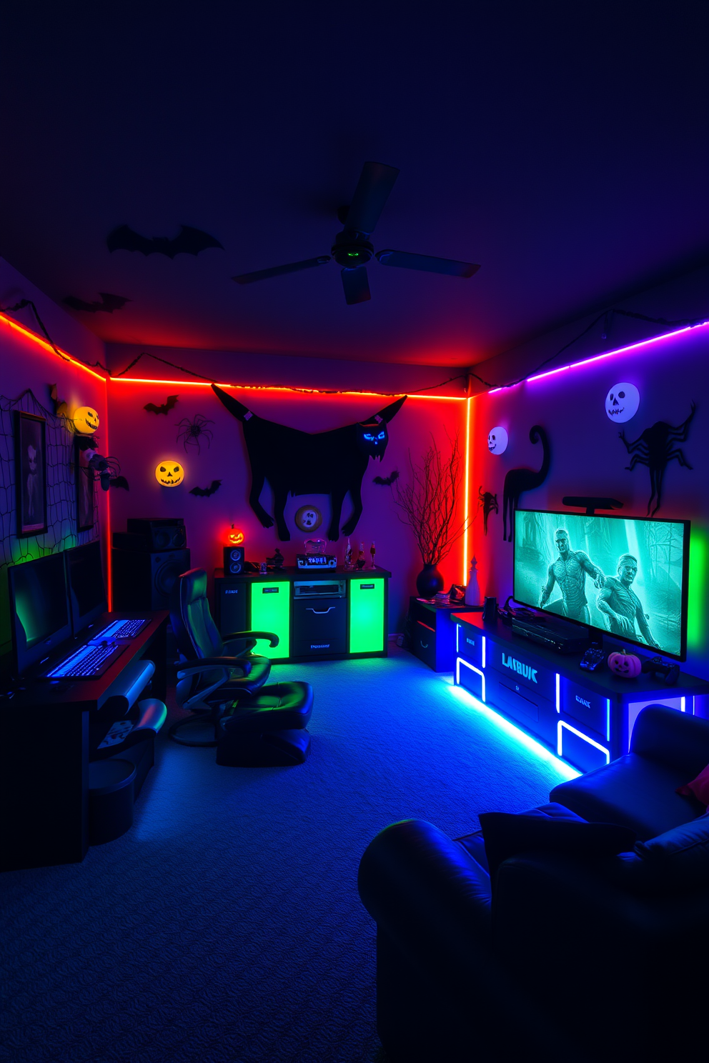 A Halloween-themed game room with spooky LED lights illuminating the space in various colors. The walls are adorned with creepy decorations, and a large gaming console is set up in the corner, surrounded by comfortable seating.