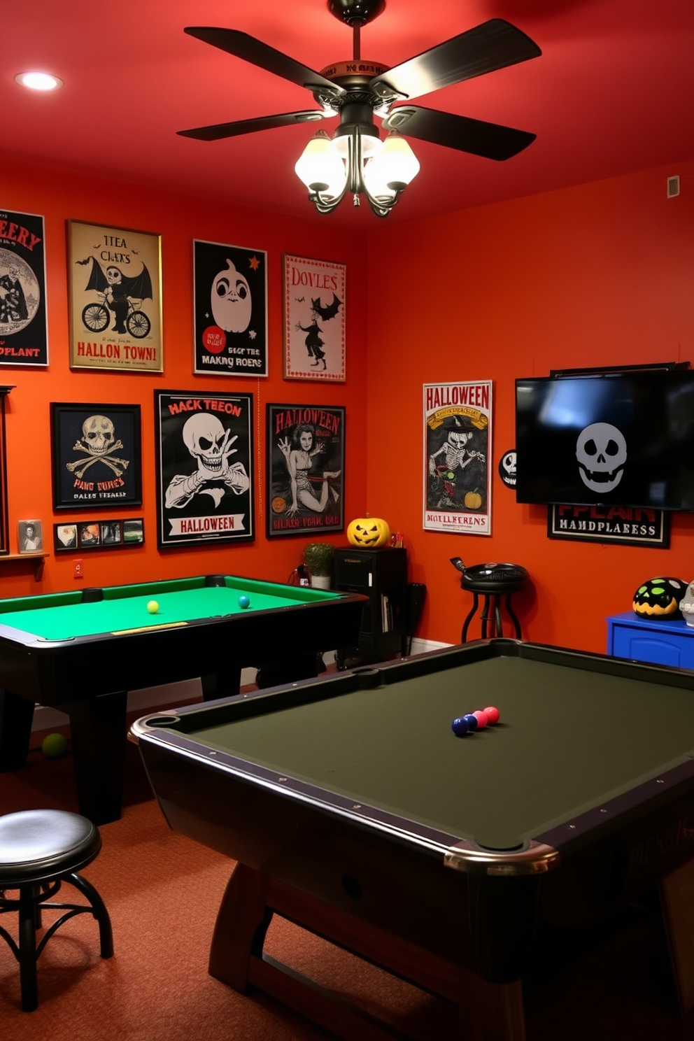 A Halloween-themed game room featuring spider web accents in the corners creates a spooky yet inviting atmosphere. The walls are adorned with dark, moody colors, and eerie decorations enhance the festive spirit while maintaining a playful vibe. The game area includes a stylish pool table surrounded by comfortable seating that invites friends to gather. Flickering LED candles and themed artwork contribute to the overall ambiance, making it the perfect space for Halloween gatherings.